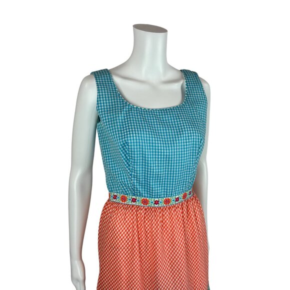 Vintage 60s Checkered Dress Women's XS Floral Trim Tiered Skirt Gingham Picnic - Picture 5 of 9